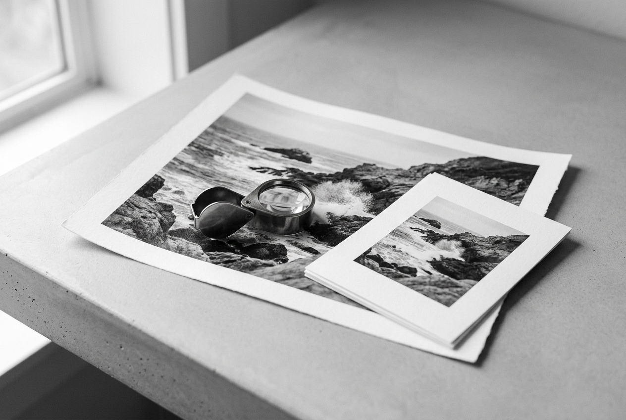 Printed black-and-white photographs and a magnifying loupe on a bright desk